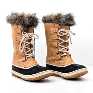 Sorel Women Joan of Artic Tan Faux Fur Waterproof Snow Winter Boots size 9.5